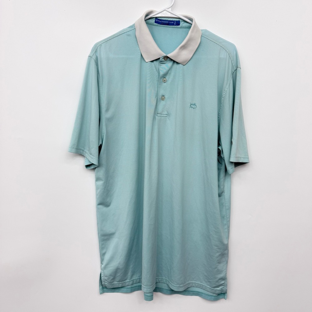 Southern Tide Polo Shirt Mens Large Aqua Stripe Good Tide To Trail Performance